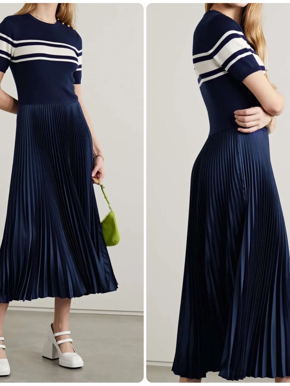 Polo Ralph Lauren Hybrid Sweater Pleated Charmeuse Navy Midi Dress